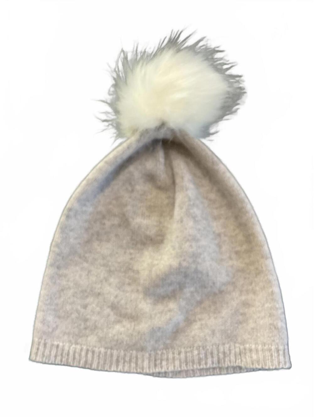 Tahari Cashmere Grey Beanie with Fluffy White Pom Pom